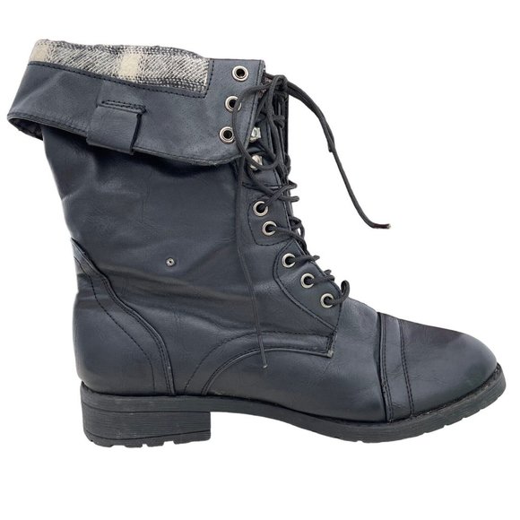 Robert Wayne Black Pleather Cap Toe Fold Top Combat Ankle Boot Womens 8.5 Casual - Picture 3 of 11